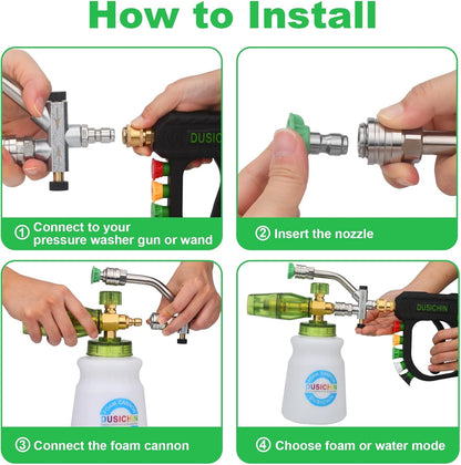 DUSICHIN Pressure Washer Gun Foam Cannon Dual Connector Shift Valve, Car Wash Foam Cannon Kit 1/4 Inch Quick Connector 5 Pressure Washer Nozzle Tips Build-in Design Work with A Pressure Washer DUS2703