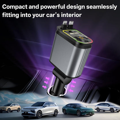 BERTHALESS Retractable Car Charger, 4 in 1 Fast Charging Car Charger with USB-C & USB-A, Compatible with iPhone 17/16/15/14/13/12/11,Galaxy,Pixel,Car Accessories Gifts for Fathers Day,Husband,Men,Dad