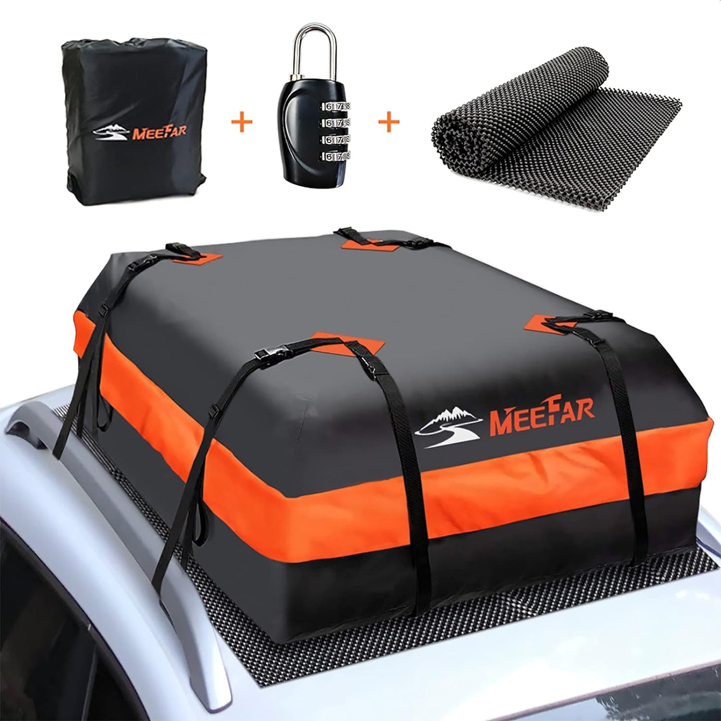 MeeFar Rooftop Cargo Carrier Car Roof Bag 21 Cubic Feet 100% Waterproof Car Top Carrier, Fits All Vehicle with/Without Rack,Include Anti-Slip Mat,10 Reinforced Straps,6 Door Hooks,Luggage Lock