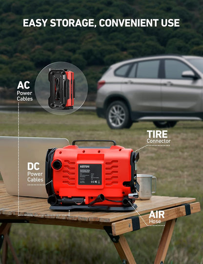 AstroAI Tire Inflator Portable Air Compressor Pump 150PSI 12V DC/110V AC with Dual Metal Motors&LED Light, Automotive Car Accessories&Two Modes for Car, Bicycle Tires and Air Mattresses, Yellow