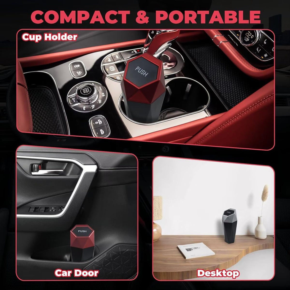 BFXM Car Trash Can, Car Trash Bin with Lid, Car Accessories for Women Interior, Car Garbage Can with Additional 2 ABS Hooks and 60pcs Trash Bags, Suitable for Home, Office, Car Organizer, Black