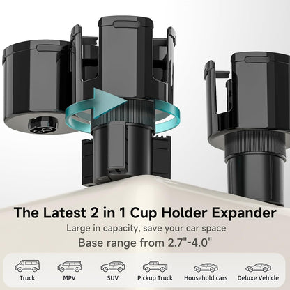 TYKOR Car Cup Holder Expander, 2 in 1 Adapter with Expandable Base | Fits Yeti, Fits Hydroflask, Fits Stanley, Fits Large Water Bottles and Mugs, 10-46 OZ Capacity