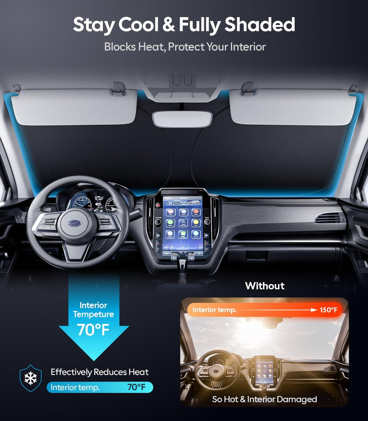 Wigoo Tesla New Model Y Accessories Windshield Sunshade [OEM Design, 100% Sun Blockage] Foldable Heat Insulation Sunshade with Storage Bag, for Model Y 2020~2026 (Juniper), Silver Coating - Colors A