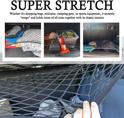 Upgrade Cargo Net for SUV with 4 Hooks,Stretchy 32x23 to 63x47 Elastic Trunk Net for SUV,Essential Automotive Cargo Nets as Trunk Organizer for Securely Fastening Items