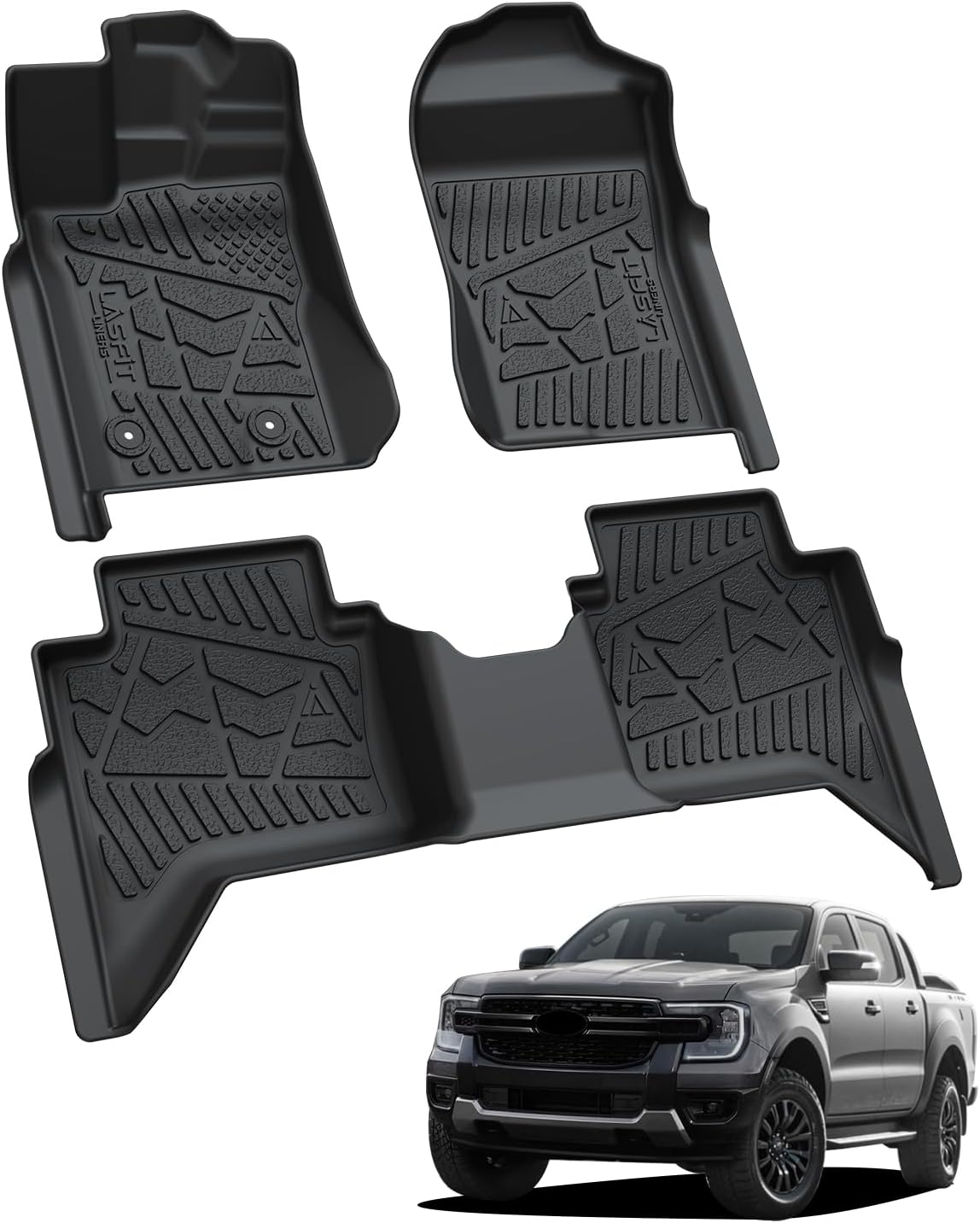LASFIT Floor Mats for Ford F-150 2021-2026 | F150 Lightning 2022-2025 SuperCrew (Rear w/Fold Flat Storage) Carpet Floor All Weather Car Liners TPE Truck Mats - 1st and 2nd Row, 3pcs Black