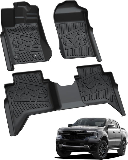 LASFIT Floor Mats for Ford F-150 2021-2026 | F150 Lightning 2022-2025 SuperCrew (Rear w/Fold Flat Storage) Carpet Floor All Weather Car Liners TPE Truck Mats - 1st and 2nd Row, 3pcs Black