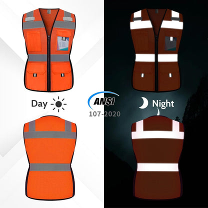 Reflective Vest for Women, Mesh Womens Safety Vest with 11 Pockets and Zipper, Hi Vis Neon Construction Work Vest for Lady Surveyors/Workers, Snugly-Fitted, ANSI Compliant (U-Yellow, S)