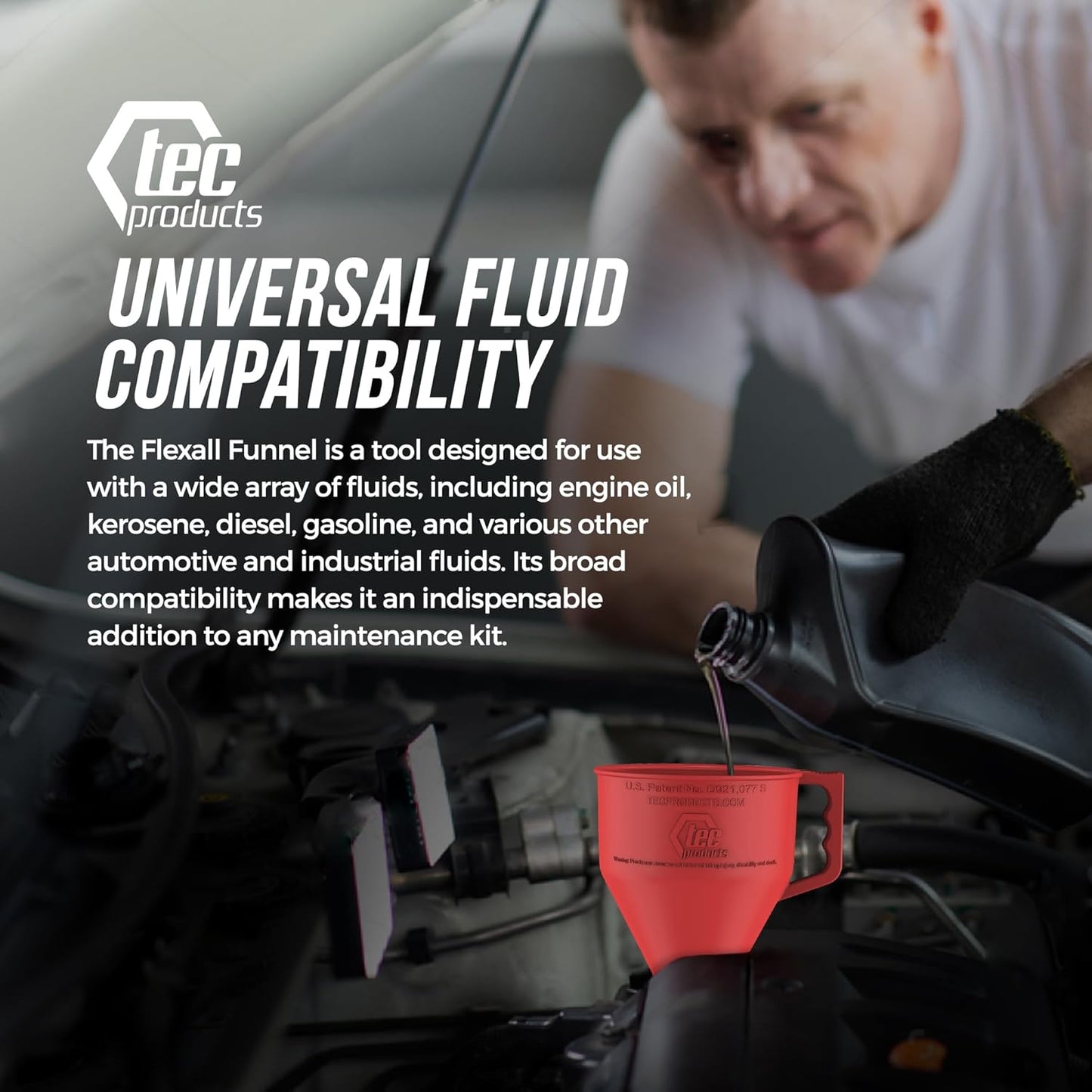 TEC Products FlexAll Long Flexible Funnels - Automotive Oil Funnel with Hose, Durable Nitrile Rubber for Oil Change, Transmission Funnel Fluid, Diesel, Fuel, Gas - Made in USA - Red (16 x 5 Inches)