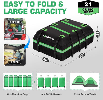 Kingfun Car Rooftop Cargo Carrier – Waterproof 20 Cubic Feet Car Roof Bag Fit All Vehicles with/Without Roof Racks, Includes Anti-Slip Mat, 8 Reinforced Straps & 6 Door Hooks, Luggage Locks（Black）