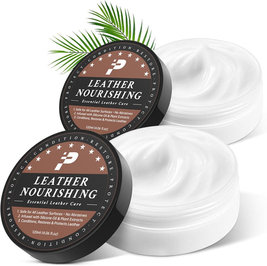 Leather Conditioner - 2 Pack, All-In-One Leather Care Treatment for Couch, Bag & Furniture Salve, Restores Softness & Shine, Safe for Purses, Shoes, Sofa, Boots, Car Interior, Family & Pet Safe