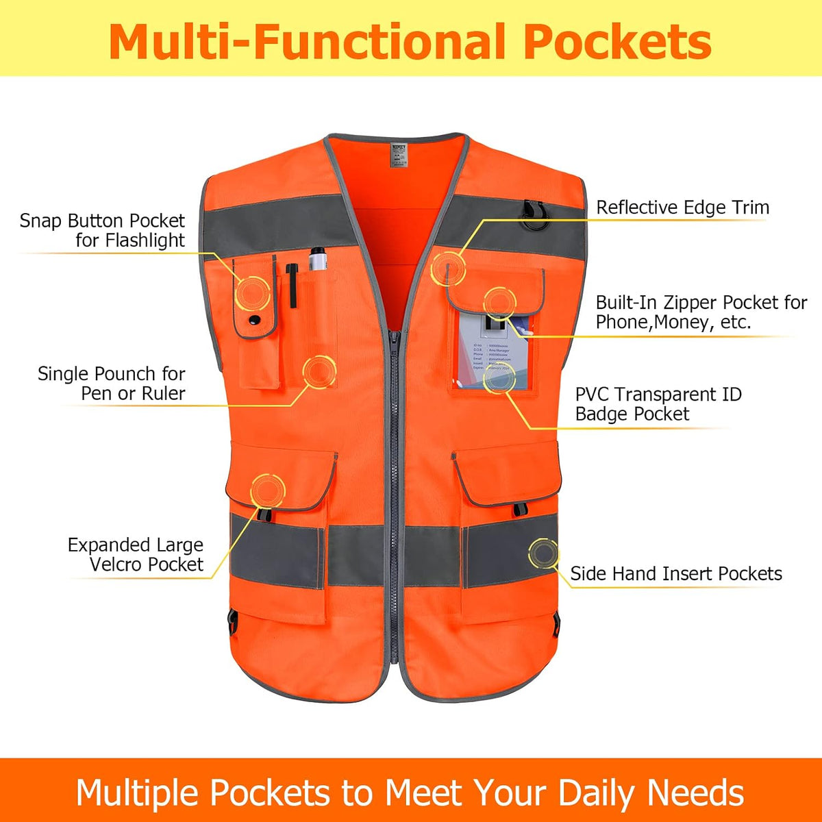TCCFCCT Safety Vest for Men Women 9 Pockets High Visibility Vest for Safety, Reflective Work Vest with Reflective Strips, Meets ANSI/ISEA Standards, (Yellow, Large)