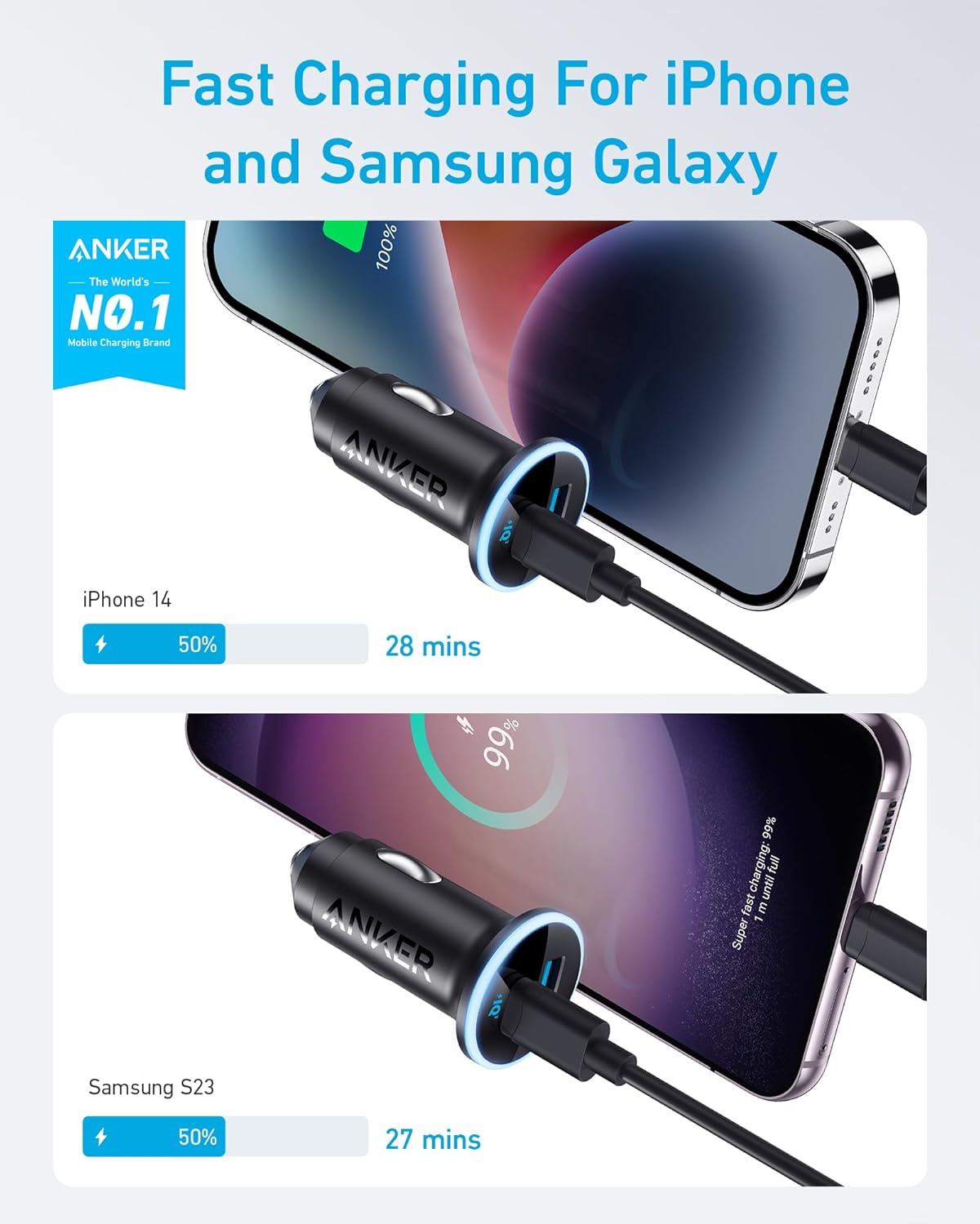 Anker 323 USB-C Car Charger Adapter, 52.5W Cigarette Lighter Charger with 30W PowerIQ 3.0 Fast Charging for iPhone 17/16/15/14/13/12 Series, Galaxy S25/24, Pixel (Car Charger + USB-C Cable)