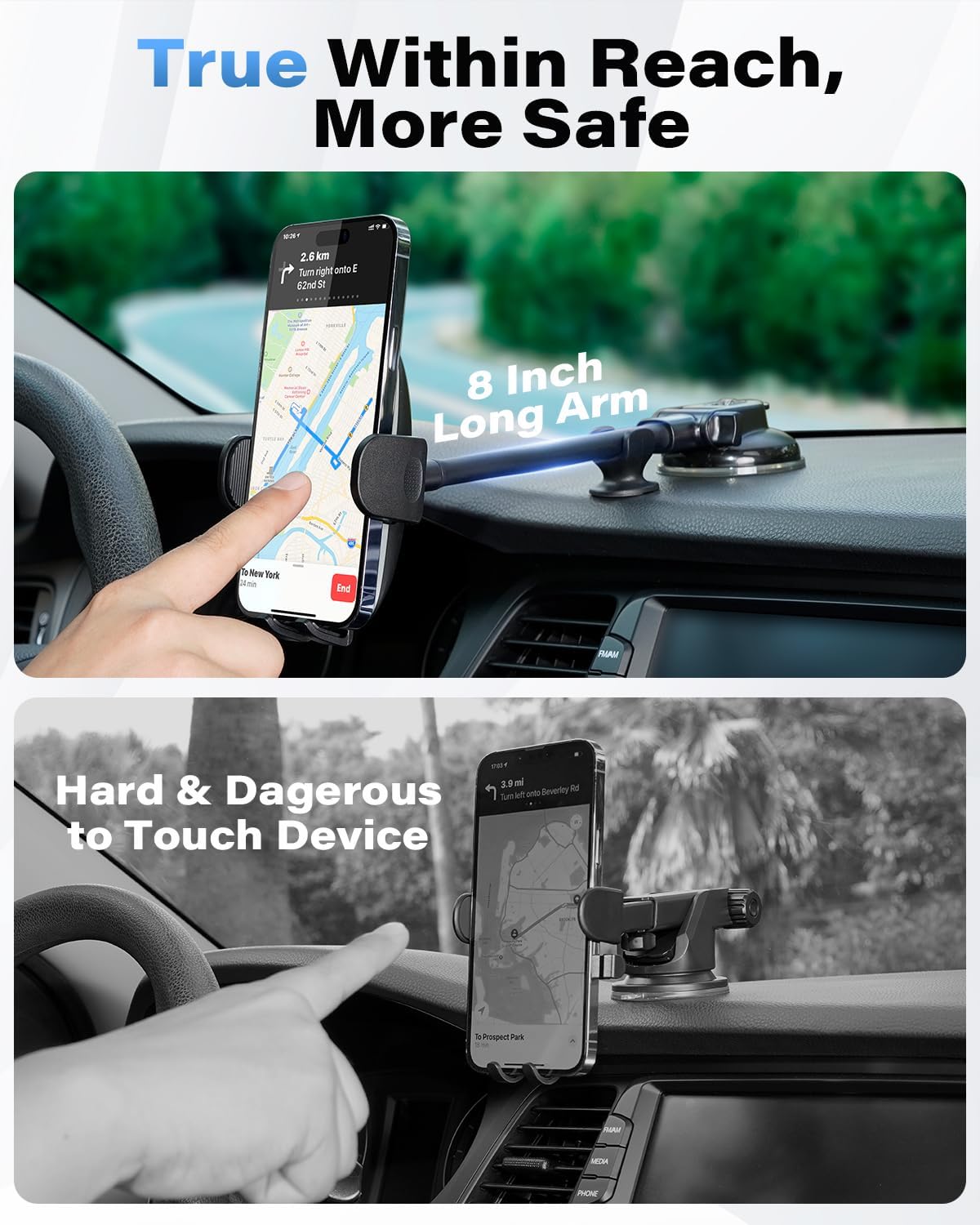 1Zero Solid Car Truck Phone Mount Holder with 14-Inch Gooseneck Long Arm, Windshield Window Mobile Holders w/Industrial-Strength Suction Cup, Anti-Shake Stabilizer Compatible All Cell Phones iPhone