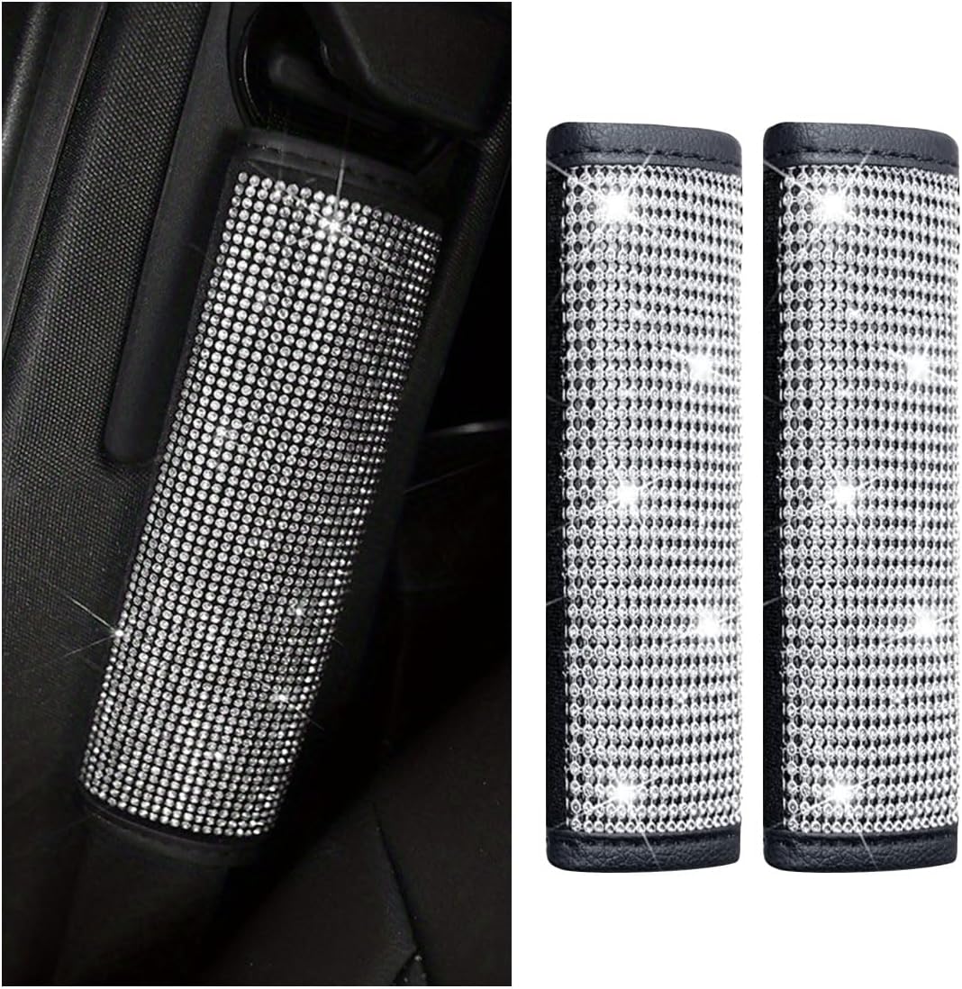 GLSOWEE 2PCS Bling Car Seat Belt Shoulder Pads, Bling Rhinestones Seat Belt Covers for Women, Car Seatbelt Strap Pad with Crystal Diamond, Car Interior Accessories for Car SUV (Black Diamond)