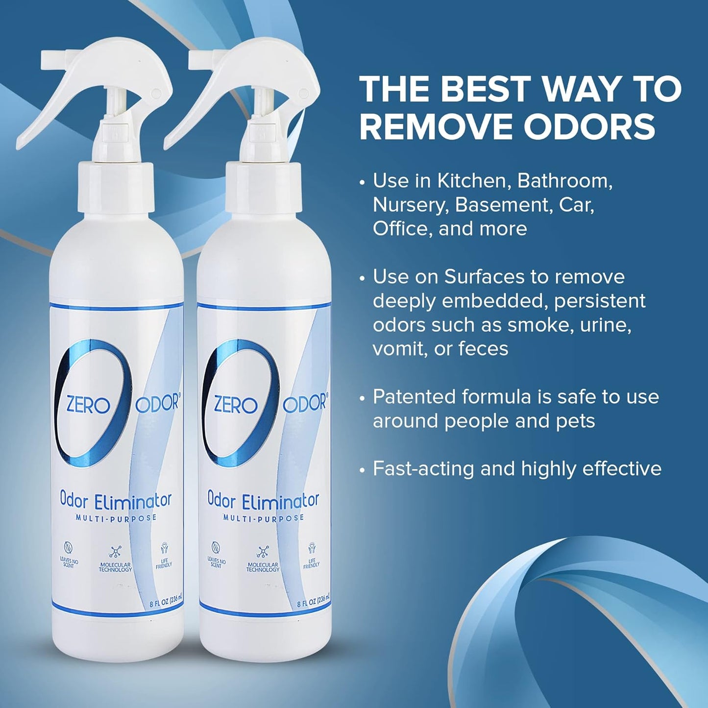 Zero Odor Multi-Purpose Odor Eliminator - Eliminate Air & Surface Odor – Patented Technology Best for Bathroom, Kitchen, Fabric, Closet- Smell Great Again, 8oz (Over 1000 Sprays)