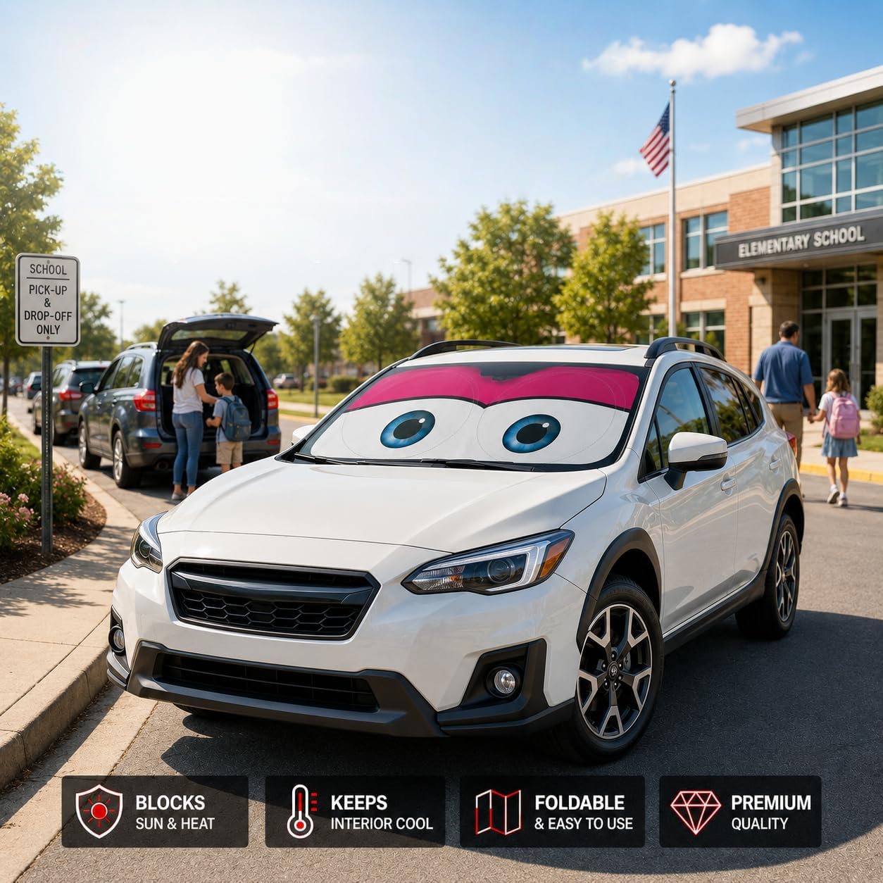 Car Windshield Sun Shade, Funny Cartoon Eyes Sun Visor for Car Windshield Universal Fits Sedan Compact Car Hatchback SUV, UV Heat Protection - 59 x 27.5