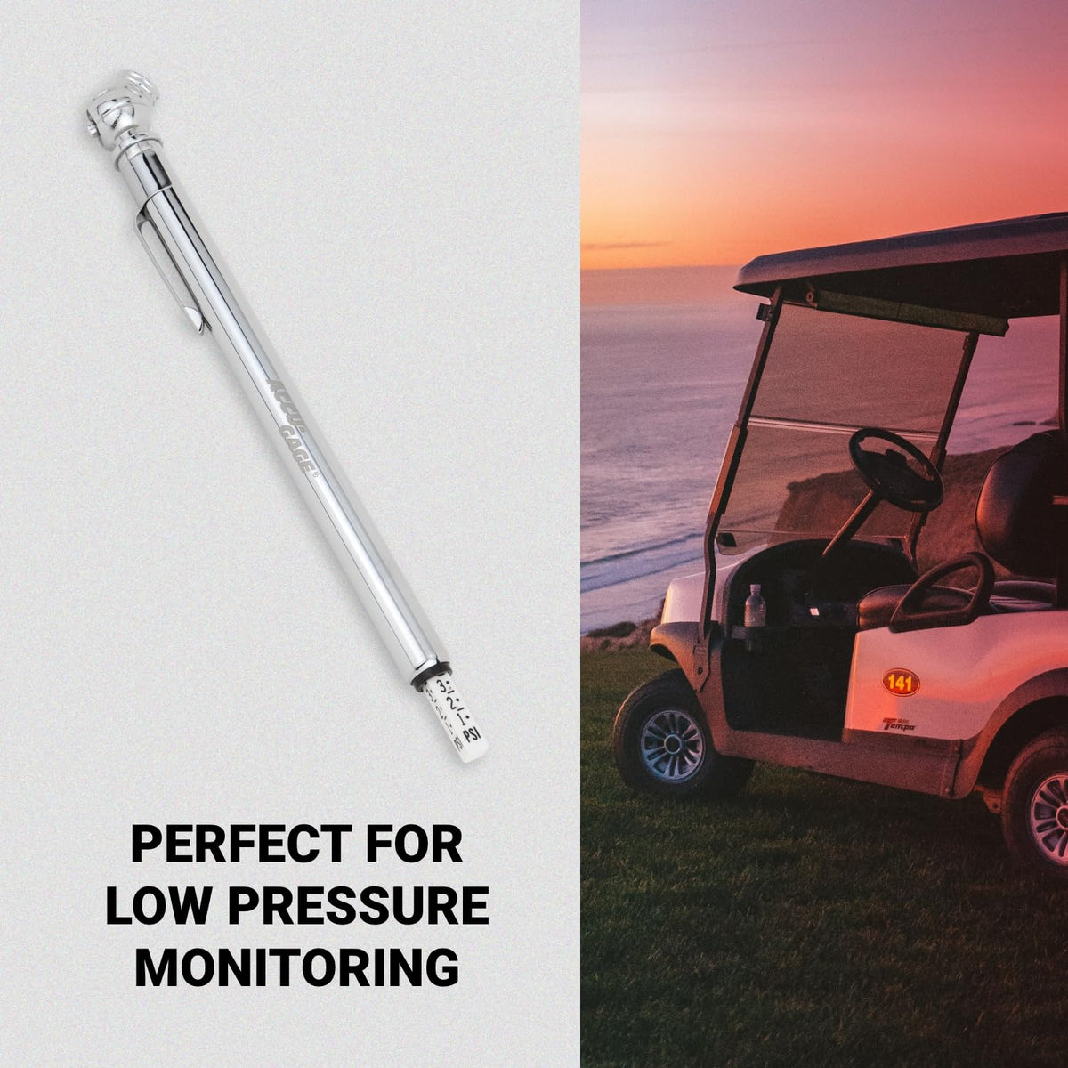 Accu-Gage Pencil Tire Pressure Gauge (2-20 PSI) Heavy Duty Stainless Steel Low Pressure Gauge Single Head Air Chuck wi/Built-in Deflator, 4 Replacement Tire Valve Caps
