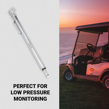 Accu-Gage Pencil Tire Pressure Gauge (2-20 PSI) Heavy Duty Stainless Steel Low Pressure Gauge Single Head Air Chuck wi/Built-in Deflator, 4 Replacement Tire Valve Caps