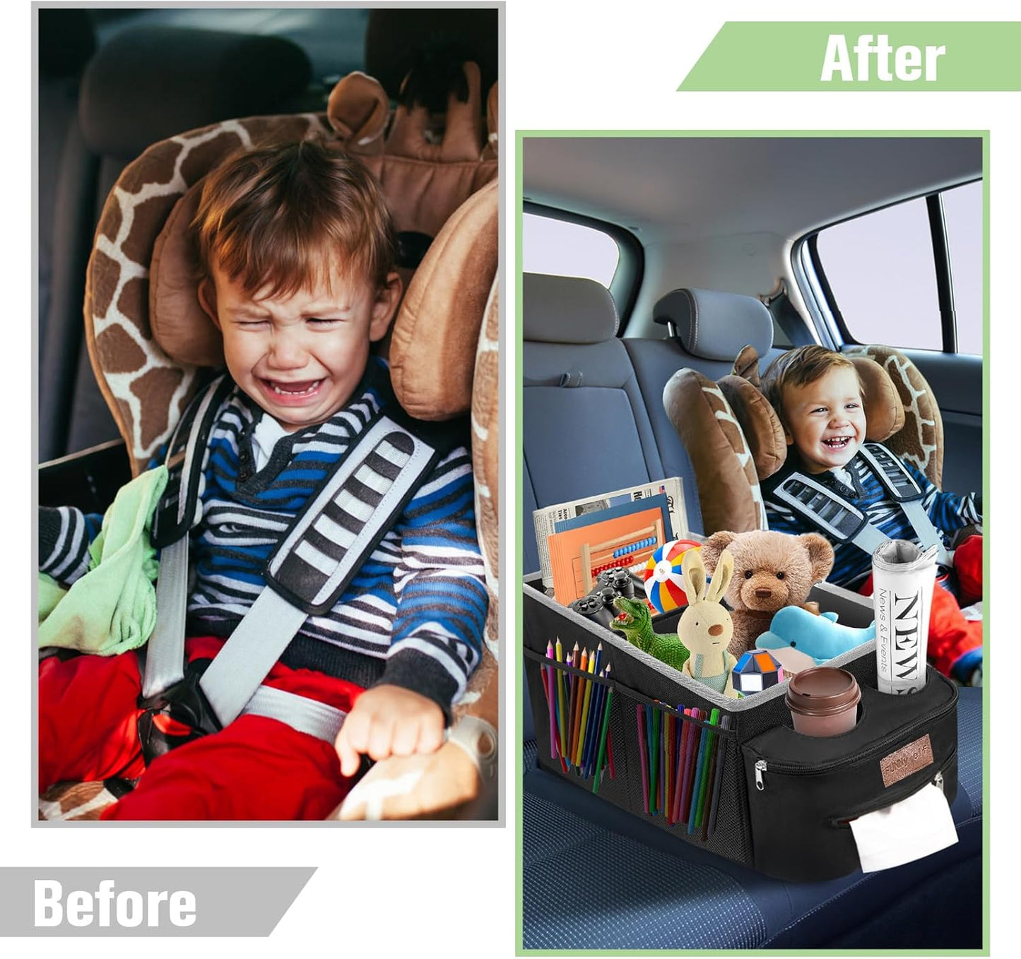 FUNNy elf Car Backseat Organizer for Cars, Collapsible Front Seat Organizer with 4 Cup Holders, Storage Pockets & Dividers, Passenger Seat Organizer for SUV, Truck, Sedan