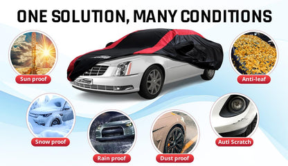 Car Cover Waterproof All Weather Protection with Red Stripe Design, Universal Fit Toyota Camry Solara, Ford Fusion, Kia Stinger Optima, Nissan Maxima, VW Passat, Subaru Legcy
