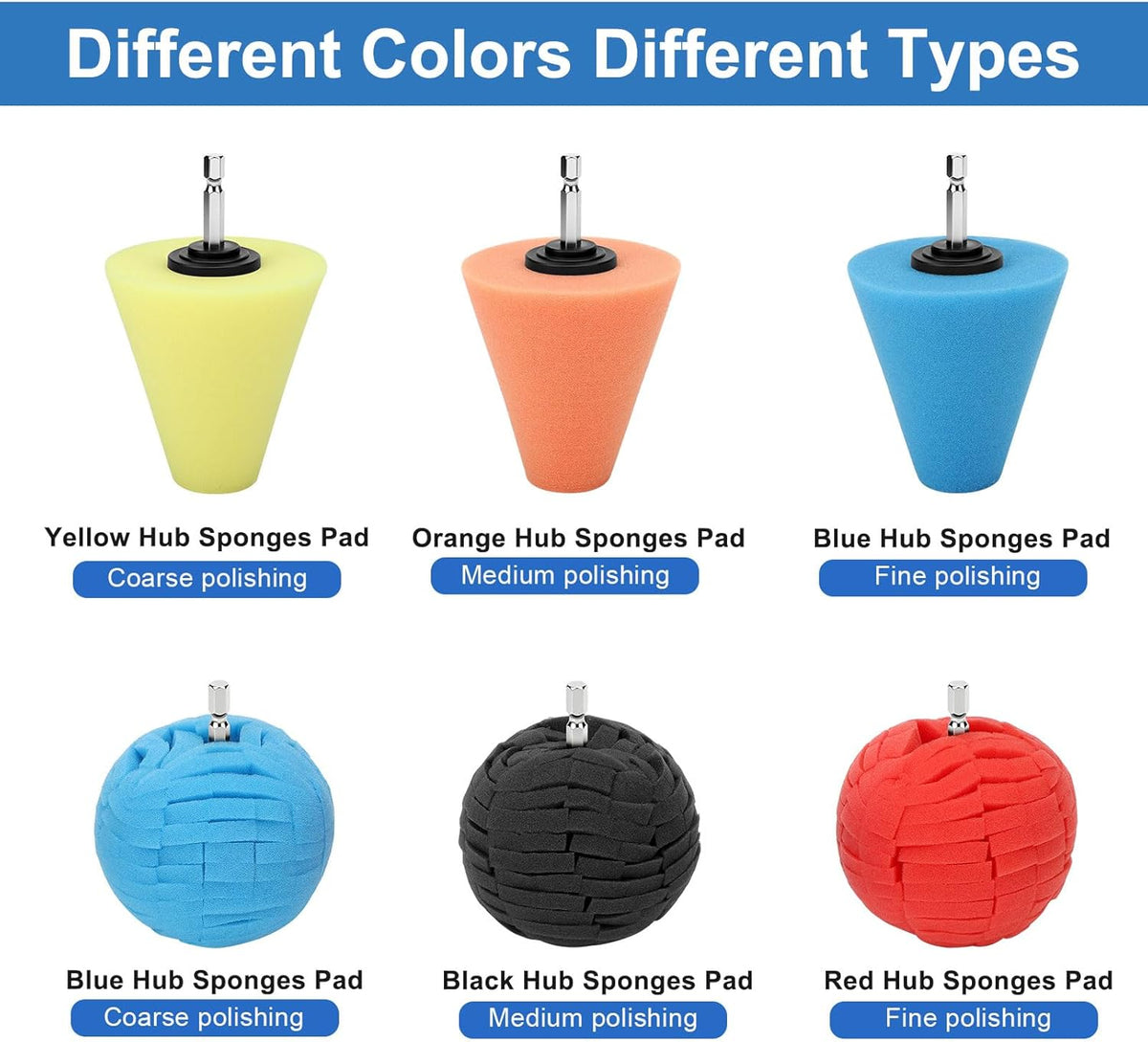 Linkstyle 5PCS Drill Polishing Ball Set, Car Wheel Polisher Sponge Pad Kit with Long Extension Pole & Cleaning Brush, Buffing Ball for 1/4" Hex Drill, Car Rim and Metal Surface Polishing Tool