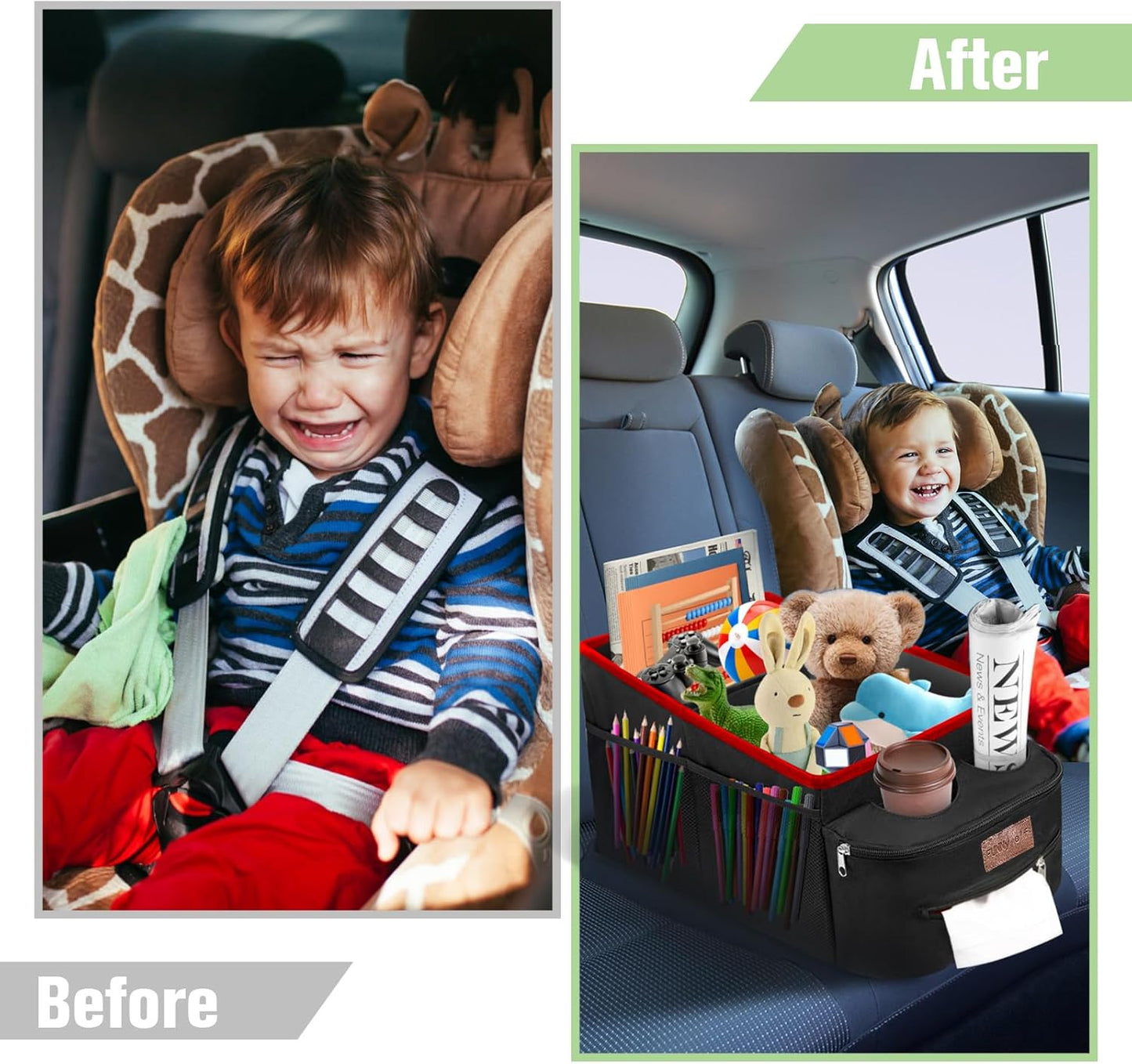 FUNNy elf Car Backseat Organizer for Cars, Collapsible Front Seat Organizer with 4 Cup Holders, Storage Pockets & Dividers, Passenger Seat Organizer for SUV, Truck, Sedan