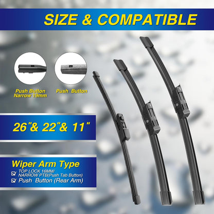 5 PLUS® Silicone Windshield Wipers Replacement for 2007-2014 Ford edge, 2007-2015 Lincoln MKX Wiper Blades(Set of 3),Automotive Replacement Windshield Wiper Blades For My Car-26"/20"/14" - Colors B