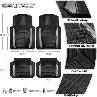 CAR PASS Heavy Duty Rubber Car Floor Mats, Deep Waterproof Car Floor Mats All Weather, Aluminum Film Floor Mats for Cars Non-Slip Universal Trim to Fit for SUVs Trucks Sedans Vans, Black Grey Metallic