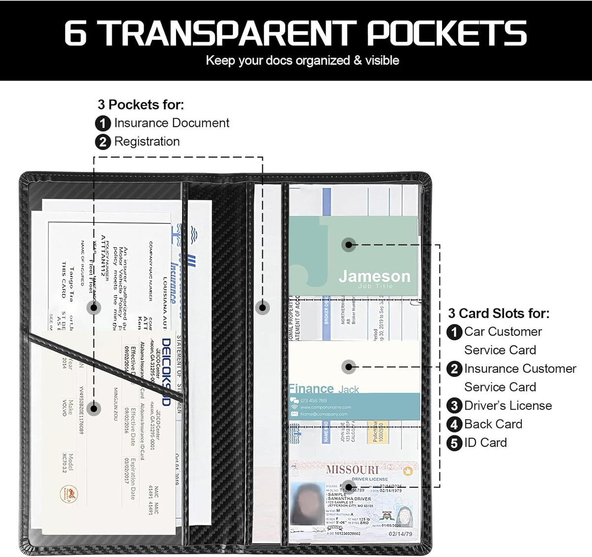 JUSTTOP 1Pack Car Registration and Insurance Holder,Car Document Holder for Cards License with Magnetic Shut,Vehicle Glove Box Car Organizer for Documents, Cards, License(Black)