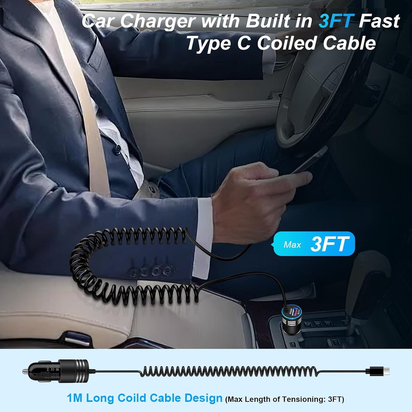 48W Super Fast Car Charger USB C Rapid Android Car Adapter with 30W Built-in Type C Fast Charging Cable for Samsung Galaxy S26 S25 S24 S23 Ultra S22 S21 S20 FE A16 A15 A14 A54 A53 A23 A13 Z Flip 7 6