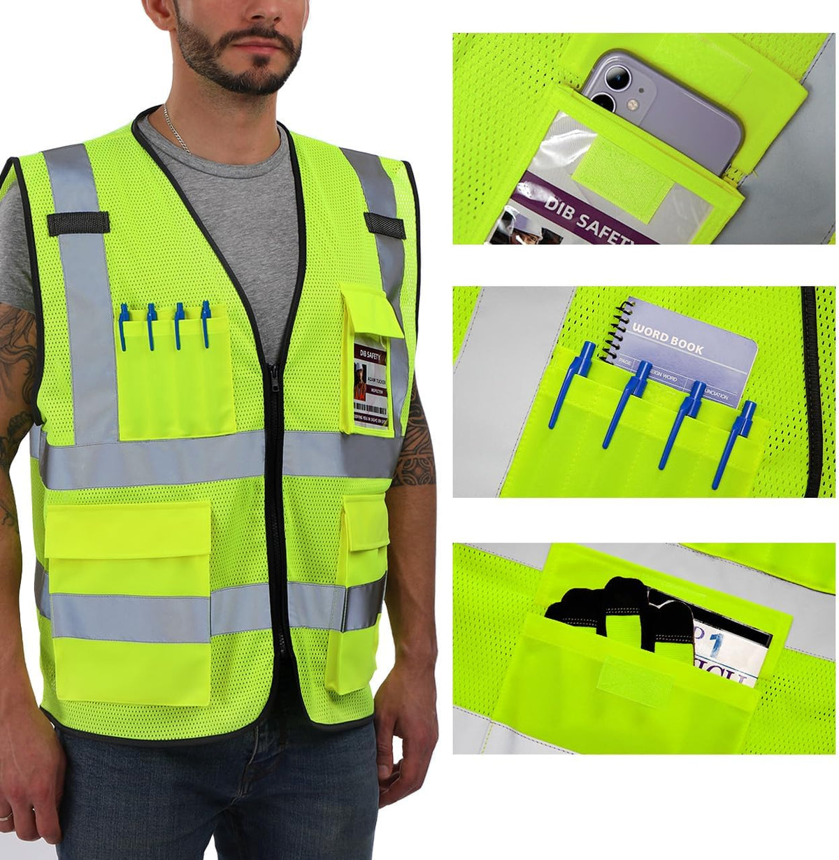Dib Safety Reflective Safety Vest for Men Women, High Visibility Vest with Pockets and Zipper, ANSI Class 2