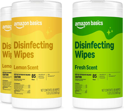 Amazon Basics Disinfecting Wipes, Lemon & Fresh Scent, Sanitizes, Cleans, Disinfects, Deodorizes, 340 Count (4 Packs of 85), Packaging May Vary