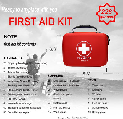 Compact First Aid Kit (228pcs) Designed for Family Emergency Care. Waterproof EVA Case and Bag is Ideal for The Car, Home, Boat, School, Camping, Hiking, Office, Sports. Protect Your Loved Ones. Red