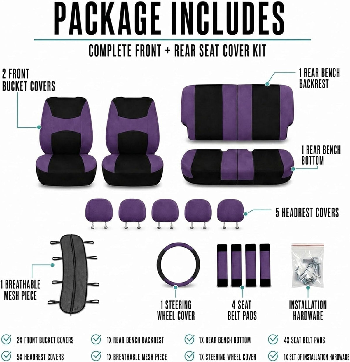 FH Group Full Set Cloth Car Seat Covers, Universal Fit Front and Split Bench Rear, Airbag Compatible, Washable for SUV, Sedan, Van - Black
