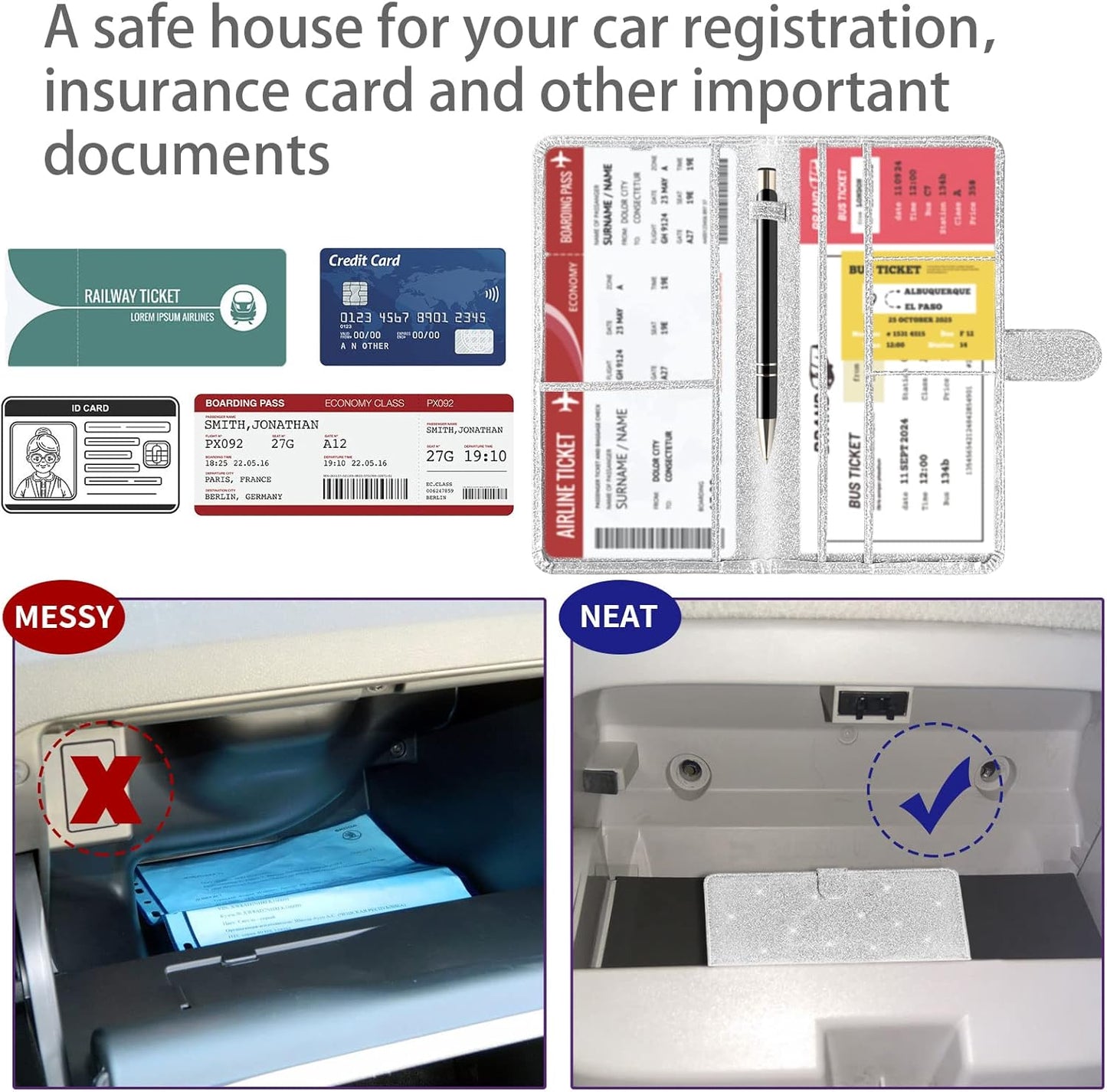 Car Registration and Insurance Card Holder with Magnetic Closure, Leather Vehicle Glove Box Automobile Documents Paperwork Wallet Case Organizer for ID, Driver's License, Key Contact Information Cards