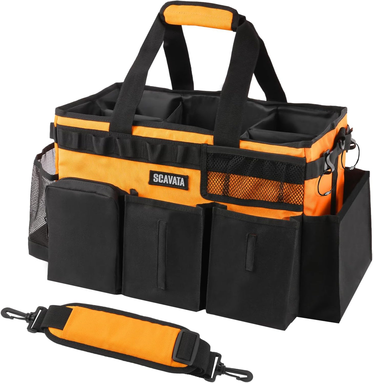 SCAVATA Wearable Cleaning Caddy Bag, Supplies Organizer with Handle & Shoulder Straps for Housekeepers, Under Sink & Car Cleaning Tool Organizer with 4 Foldable Dividers (Black)