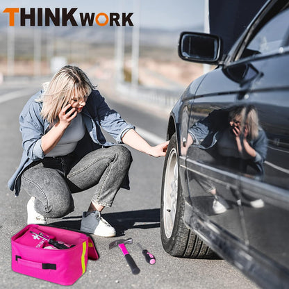 THINKWORK Car Emergency Kit for Teen Girl and Lady's Gifts, Pink Emergency Roadside Assistance kit with Digital Air Compressor, 10FT Jumper, First Aid Kit, and More Ideal Pink Car Accessories Tool -E7