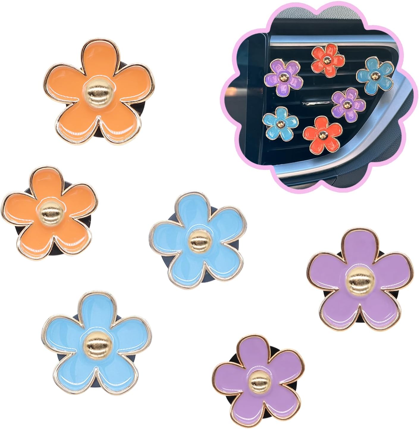 ORIESSE 6pcs Flowers Car Air Freshener Vent Clips Purple White Daisy Air Vent Clip Car Accessories for Women 3.3cm/3cm Flower Vehicle Interior Decor Refillable Diffuser