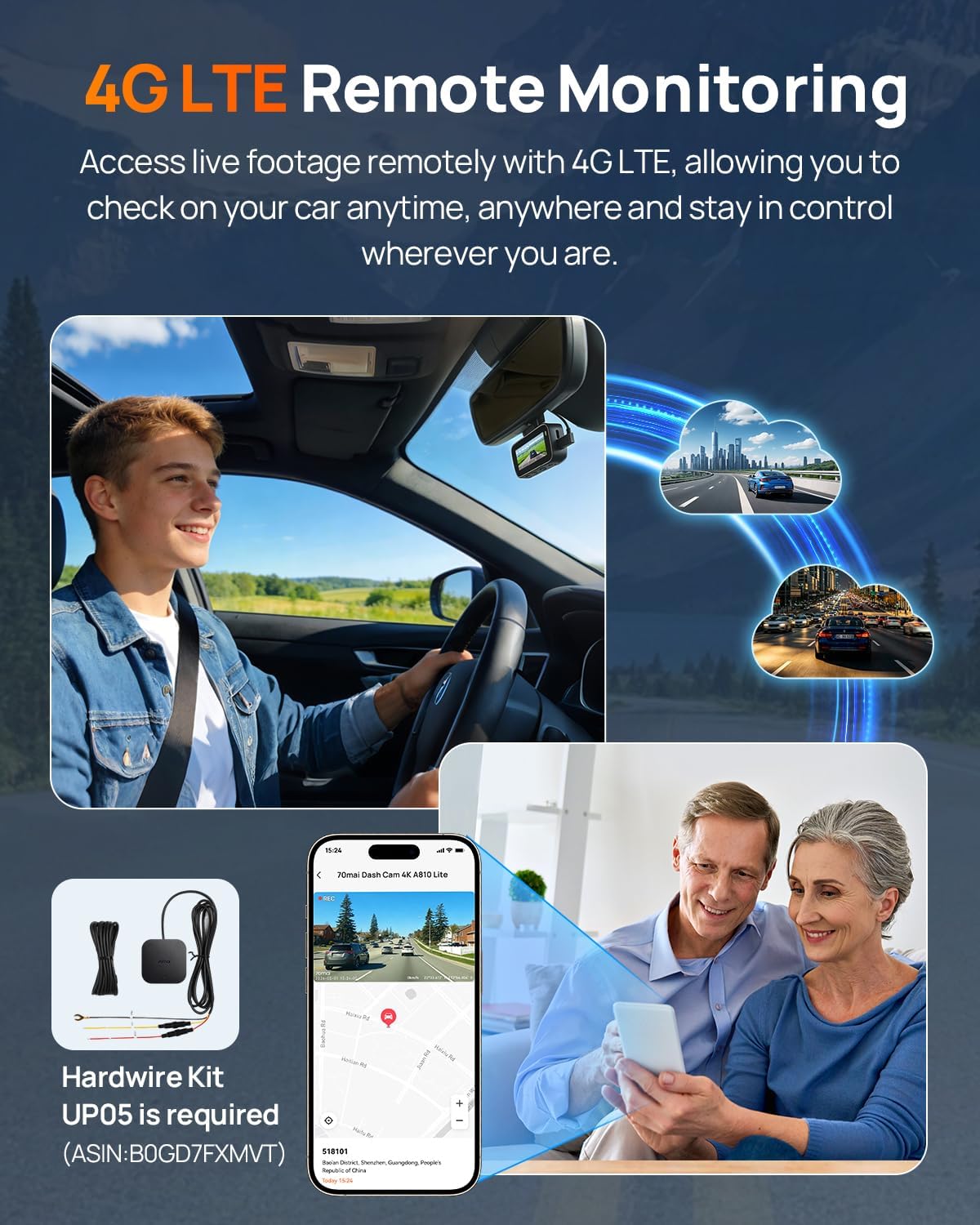 70mai A810 Lite 4K Dash Cam Front and Rear, 5GHz Wi-Fi 6 DashCam, Car Camera 4G LTE Remote Access, GPS Tracking, HDR Night Vision, 24H Parking Mode, Voice Control, Emergency Lock, Loop Recording