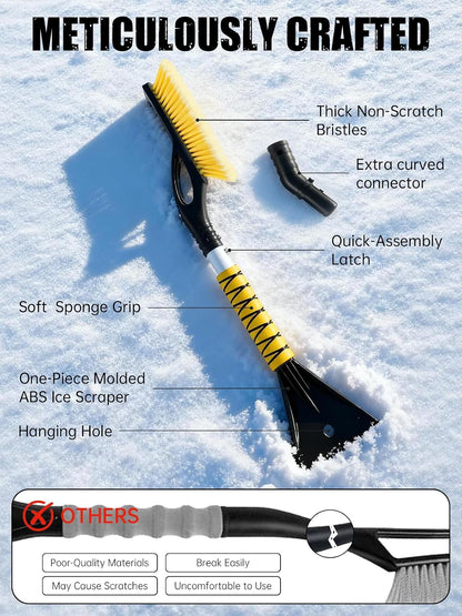 MIKKUPPA 27'' Snow Brush and Ice Scrapers for Car Windshield - Detachable Windshield Scraper, Snow Removal Tool with Curved Connector & Ergonomic Foam Grip for Cars, Trucks, SUVs (Yellow)