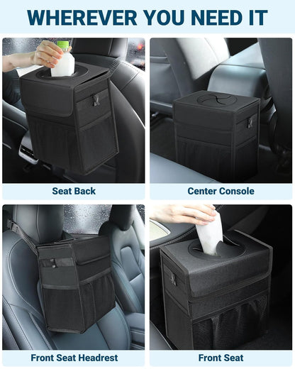 Capolo Car Trash Can with Lid, Leakproof Car Trash Bag Hanging Waterproof Automotive Garbage Can with Storage Pockets Mini Vehicle Trash Bin for Back/Front Seat(Black,2.5 Gallon)