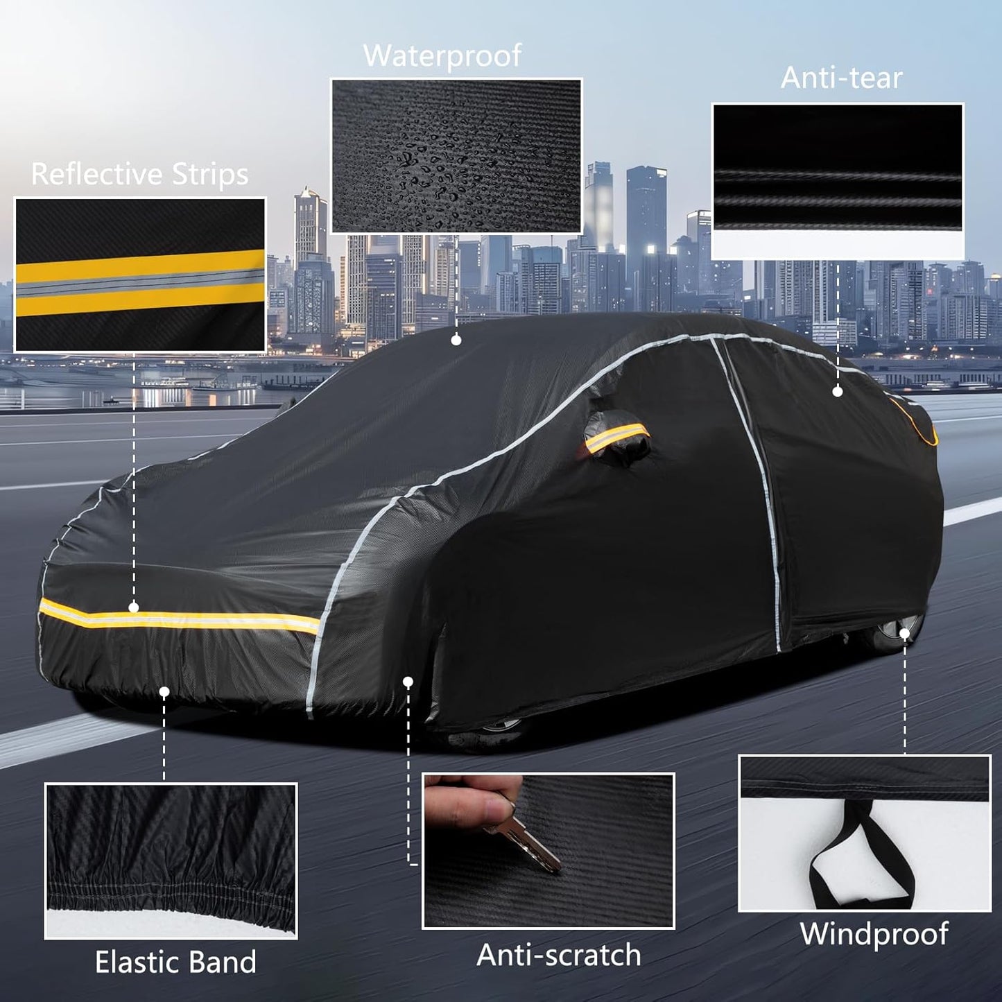 Car Cover Waterproof All Weather,6 Layers Car Covers for Automobiles, Full Exterior Cover with Zipper, Outdoor Car Cover Sun UV Rain Snow Wind Protection, Fit for 185"(185*70*59 inch)Sedan