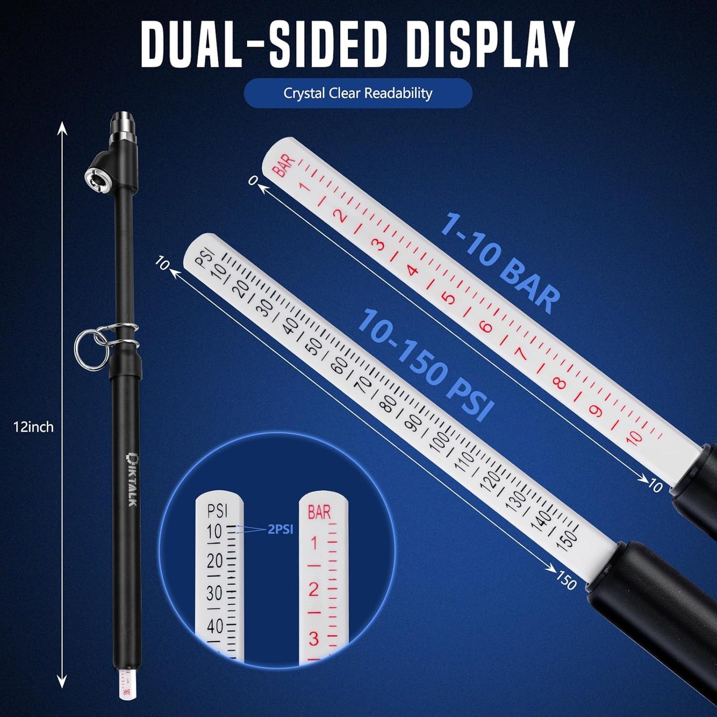 10-Pack Heavy Duty Dual Head Tire Pressure Gauge (10-150 PSI, 1-10 Bar) for Semi Trucks, RVs, Cars, Motorcycles - 12 Inch