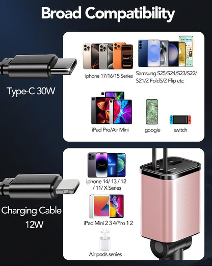 Retractable Car Charger,Car Phone Charger USB C Fast Charge,Cigarette Lighter USB Charger Car Accessories for Women,Road Trip Essentials Gift for Men,Car Charger for iPhone 17/16/15,Galaxy S26,Pixel