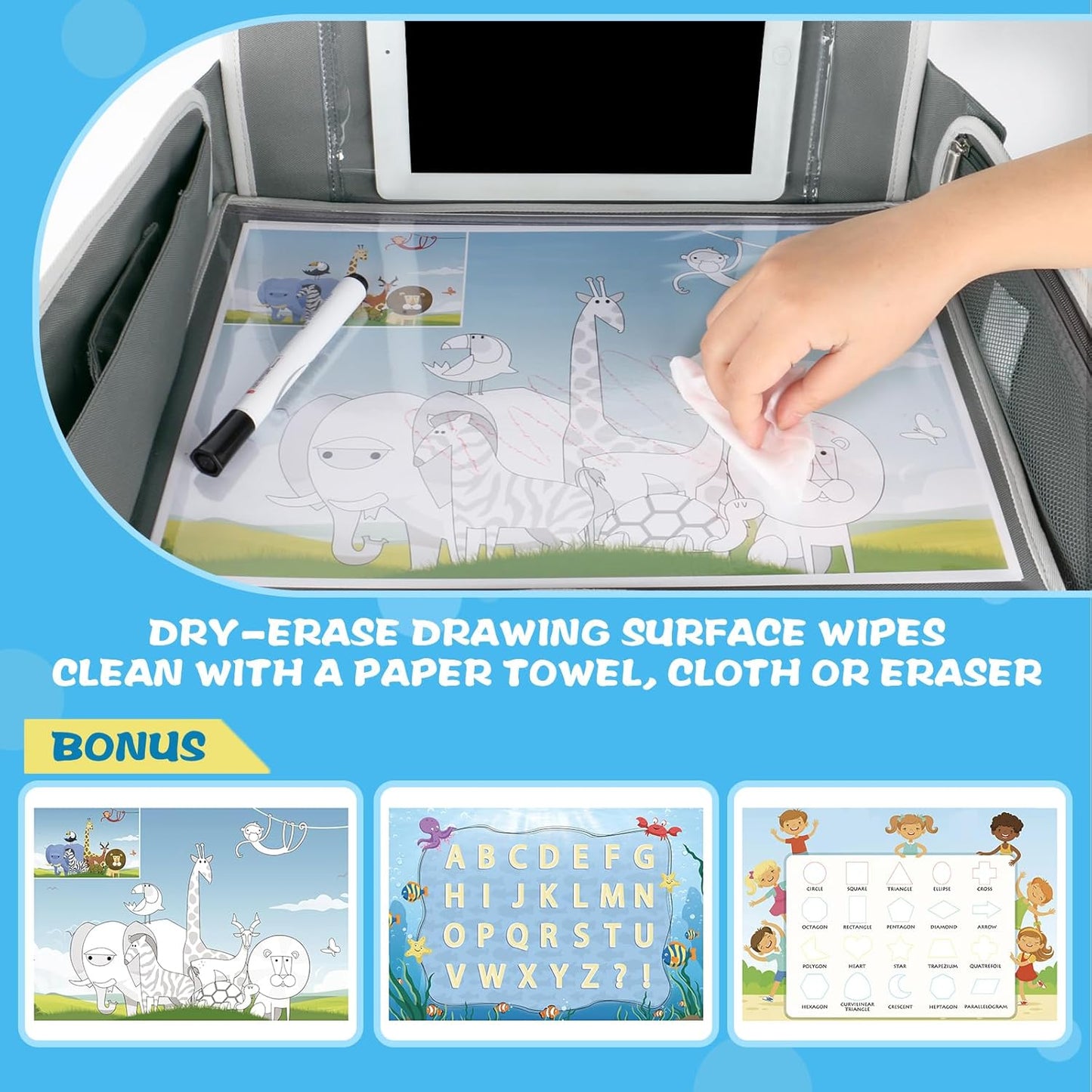 MENZOKE Kids Travel Tray for Toddler Car Seat, Road Trip Activities for Kids with iPad Holder Stand & Dry Erase Board, Road Trip Essentials Accessories Lap Tray as Travel Gifts for Kid, Pink