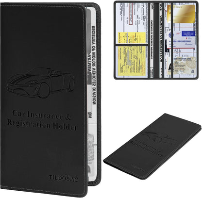 TILDOSAC Leather Car Registration and Insurance Card Holder, Car Document Holder for Cards License with Magnetic Shut (Black, large)