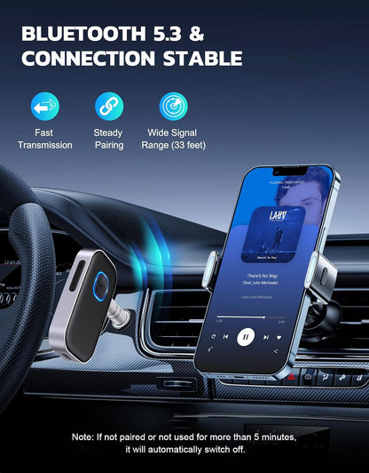 COMSOON Bluetooth Receiver for Car, Noise Cancelling 3.5mm AUX Bluetooth Car Adapter, Wireless Audio Receiver for Home Stereo/Wired Headphones, Hands-Free Call, 16H Battery Life - Black+Silver