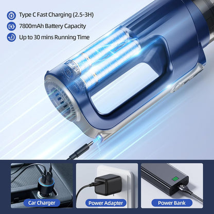 MONOZEL Car Vacuum Portable Cordless, 18000Pa 2 in 1 Vacuum Cleaner&Air Duster, 130W Brushless Motor Handheld Vacuum Cordless with 7800mAh Battery, LED Light, Multi-Nozzles for Car, Home, Office, Pet