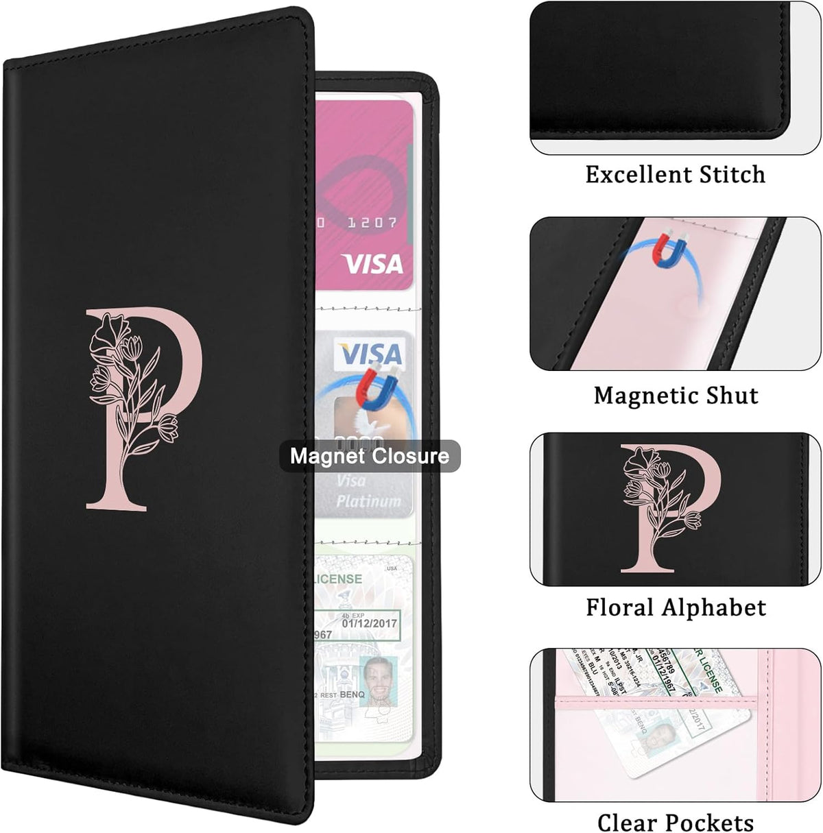 Letter Car Registration and Insurance Holder, with Magnetic Closure for License, Cards and Documents,Vehicle Glove Box Car Organizer, Interior Car Accessories for Women Men (M)