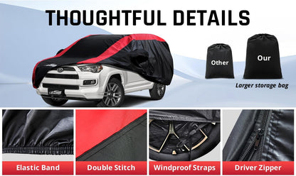 Car Cover Waterproof All Weather Protection with Red Stripe Design, Universal Fit Toyota Camry Solara, Ford Fusion, Kia Stinger Optima, Nissan Maxima, VW Passat, Subaru Legcy